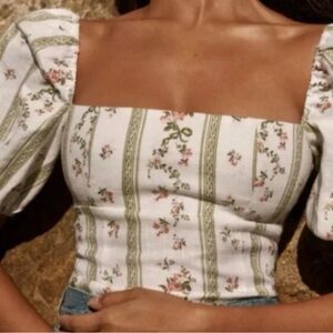 Reformation NWOT Arancini Linen Blouse Top - Green, White, Floral.